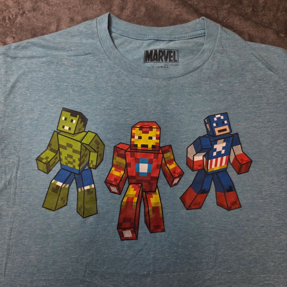 Marvel Shirt Mens Large Blue Hulk Iron Man Captain America Pixel Graphic Tee